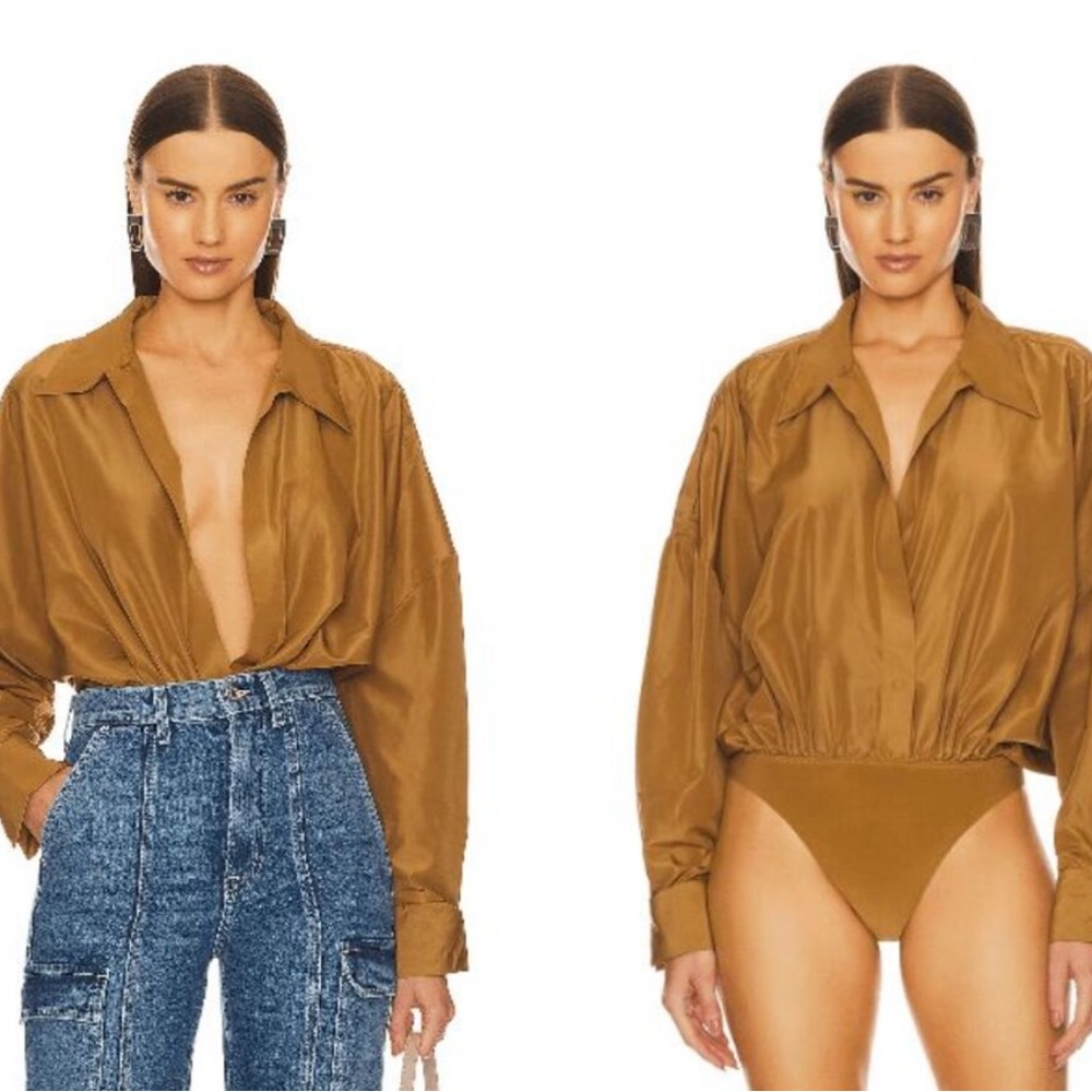 Norma Kamali Oversized Boyfriend Shirt Bodysuit "Woods" Color Tan Size Small